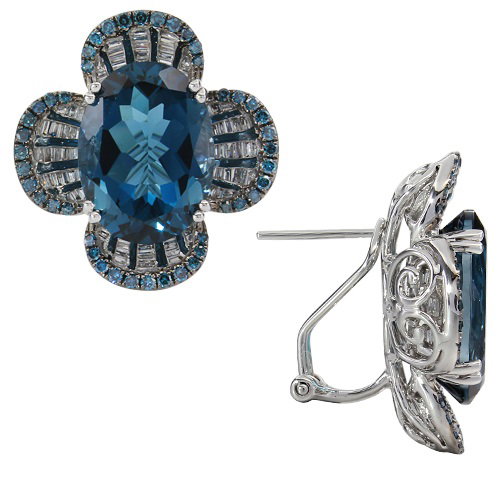 Closeup photo of 14K WHITE GOLD DIAMOND, TREATED BLUE DIAMOND AND LONDON BLUE TOPAZ EARRING
