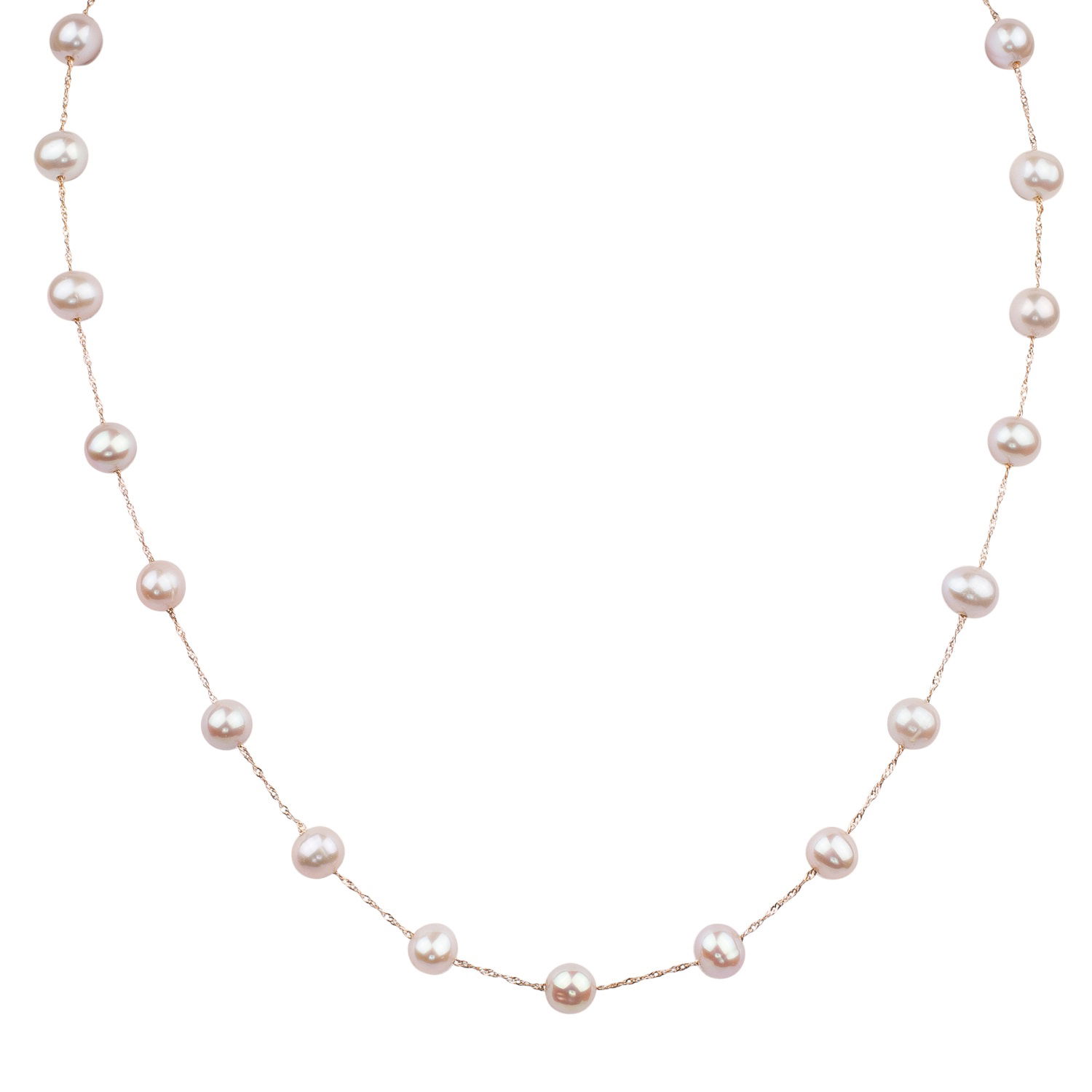 This 14K Rose Gold Natural Pink Freshwater Pearl Necklace features 6-6.5mm semi-round pearls, each offering a soft, lustrous glow and a natural, organic look. The delicate size of the pearls adds grace and timeless elegance, while the 14K rose gold clasp enhances the warm hues of the pearls. Perfect for any occasion, this necklace is a beautiful, versatile addition to any jewelry collection, adding a touch of romance and sophistication to any outfit.Key Features:- 6-6.5mm semi-round natural pink freshwater pearls- Set in 14K rose gold- Soft, lustrous glow with an organic, natural look- Classic and timeless design suitable for any occasionPlease Note:- Photos may be enlarged or enhanced for detail.- Pearls may be treated to enhance their appearance and require special care. 14K ROSE GOLD NATURAL PINK FRESH WATER PEARL NECKLACE