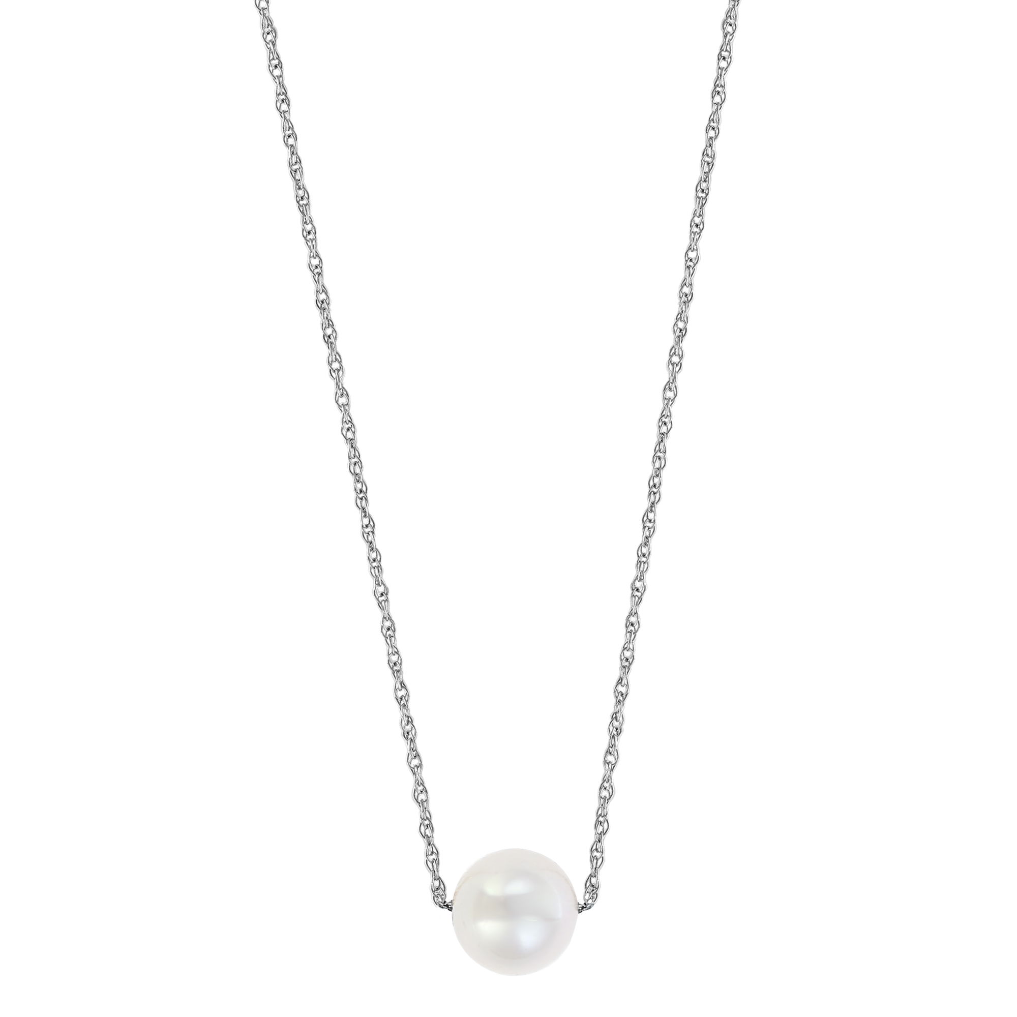 This 14K White Gold White Freshwater Pearl Necklace features 8.5-9.5mm oval-shaped pearls with a soft, lustrous glow. The elegant shape and natural sheen of the pearls are enhanced by the sleek white gold clasp, creating a timeless and sophisticated look. Ideal for both formal occasions and daily wear, this necklace offers classic beauty with modern elegance.Key Features:- 8.5-9.5mm oval-shaped freshwater pearls- Set in 14K white gold- Soft, lustrous glow with an elegant shape- Secure 14K white gold claspPlease Note:- Photos may be enlarged or enhanced for detail.- Pearls may be treated to enhance their appearance and require special care. 14K WHITE GOLD WHITE PEARL NECKLACE