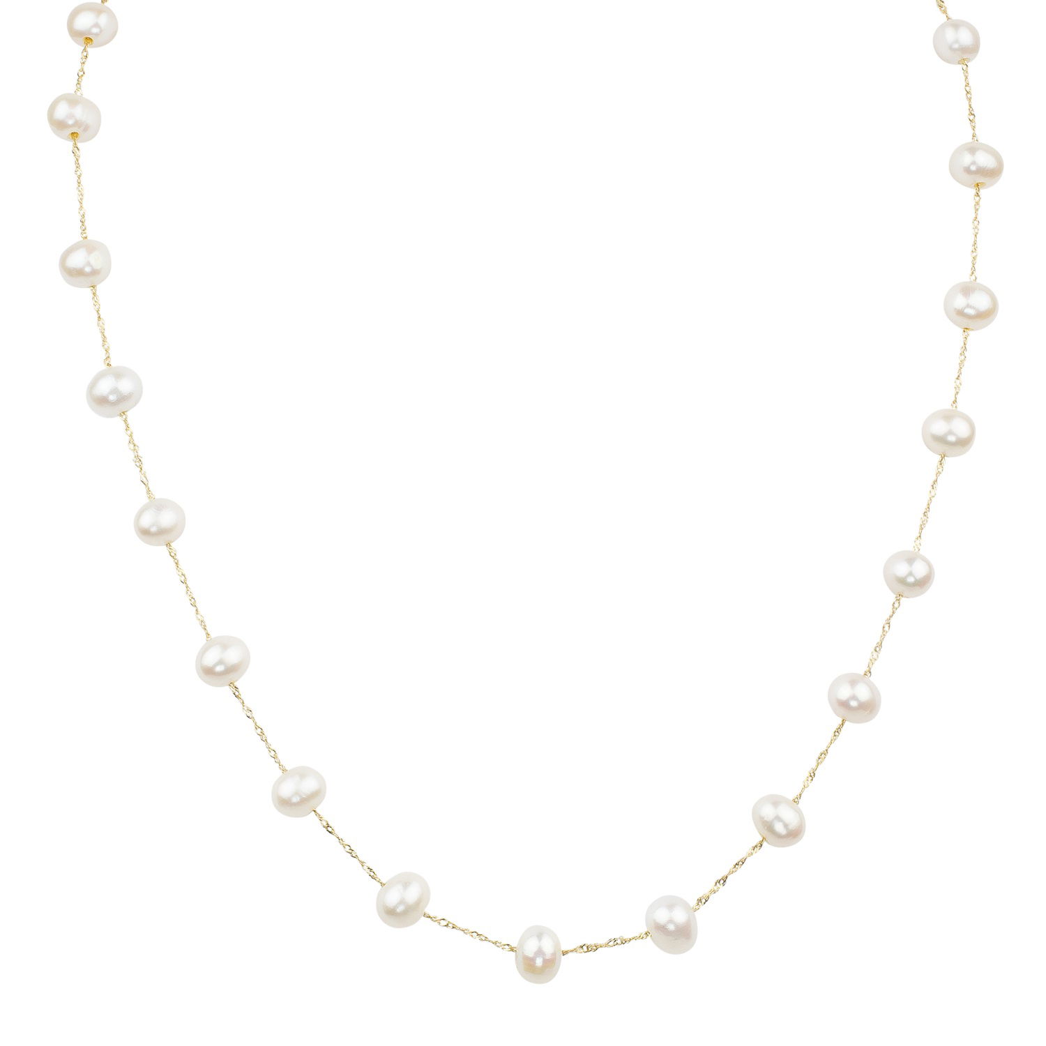 This 14K Yellow Gold White Freshwater Pearl Necklace features 6-6.5mm semi-round pearls, known for their smooth texture and lustrous sheen. The organic, natural shape of the pearls is complemented by the warm, rich tones of the 14K yellow gold clasp, creating an elegant and timeless piece. Perfect for both everyday elegance and special occasions, this necklace is a graceful addition to any jewelry collection.Key Features:- 6-6.5mm semi-round white freshwater pearls- Set in 14K yellow gold- Lustrous sheen with an organic shape- Versatile for both casual and formal occasionsPlease Note:- Photos may be enlarged or enhanced for detail.- Pearls may be treated to enhance their appearance and require special care. 14K YELLOW GOLD WHITE FRESH WATER PEARL NECKLACE