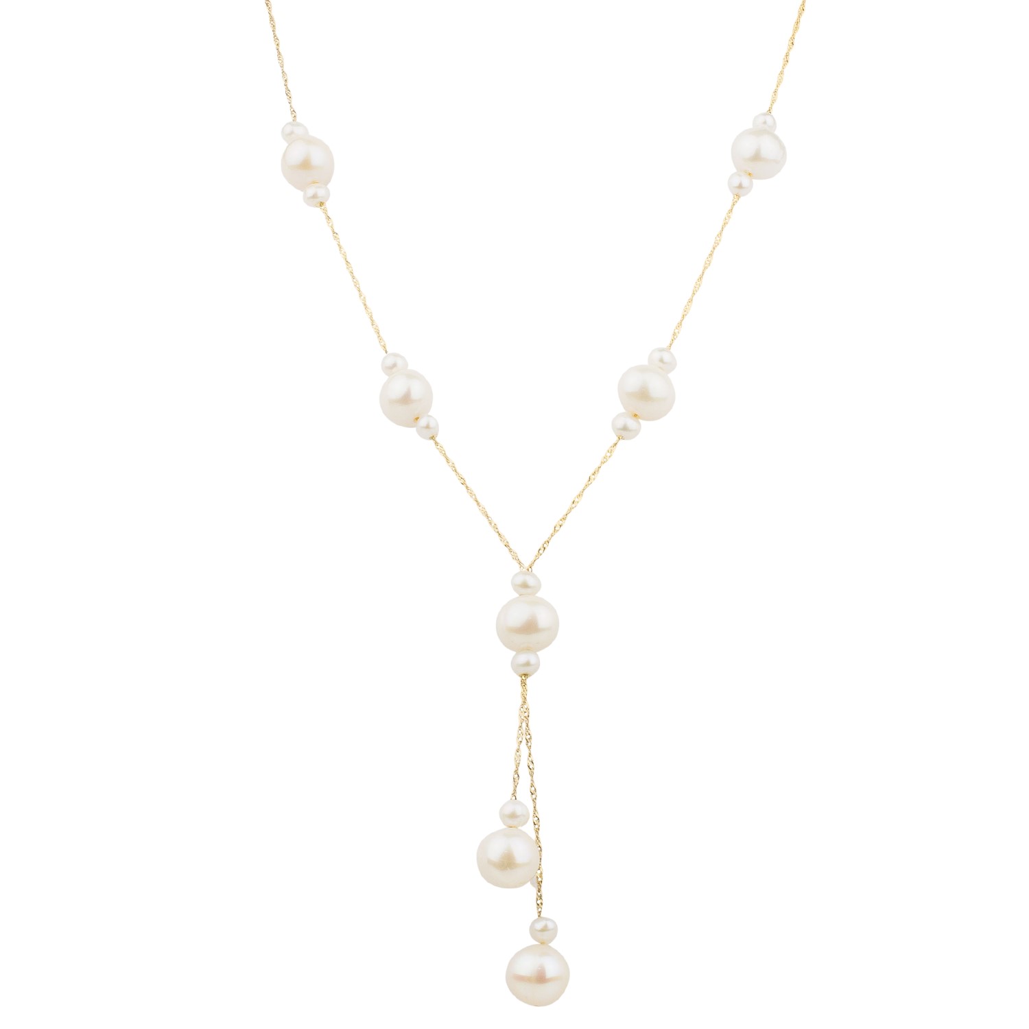 This 14K Yellow Gold White Freshwater Pearl Necklace features 7.5-8mm oval-shaped pearls with a soft, lustrous glow. The elegant shape and natural sheen of the pearls are enhanced by the warm yellow gold clasp, offering a refined and sophisticated look. Perfect for both formal occasions and daily wear, this necklace is a versatile addition to any jewelry collection.Key Features:- 7.5-8mm oval-shaped freshwater pearls- Set in 14K yellow gold- Soft, lustrous glow with a refined shape- Secure 14K yellow gold claspPlease Note:- Photos may be enlarged or enhanced for detail.- Pearls may be treated to enhance their appearance and require special care. 14K YELLOW GOLD WHITE FRESH WATER PEARL NECKLACE