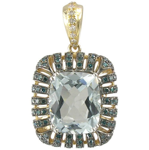 Closeup photo of 14K YELLOW AND WHITE GOLD DIAMOND, TREATED BLUE DIAMOND AND AQUAMARINE PENDANT WITH CHAIN