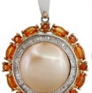 Closeup photo of 14K YELLOW AND WHITE GOLD DIAMOND, TREATED ORANGE SAPPHIRE AND ORANGE SOUTH SEA PEARL PENDANT WITH CHAIN