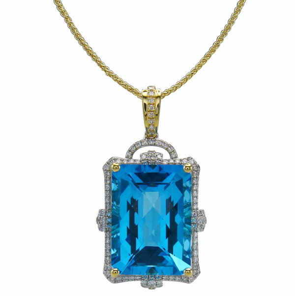 Closeup photo of 18K YELLOW AND WHITE GOLD DIAMOND AND SWISS BLUE TOPAZ PENDANT WITH CHAIN