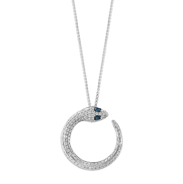 Closeup photo of 18K WHITE GOLD DIAMOND AND SAPPHIRE SNAKE PENDANT WITH CHAIN