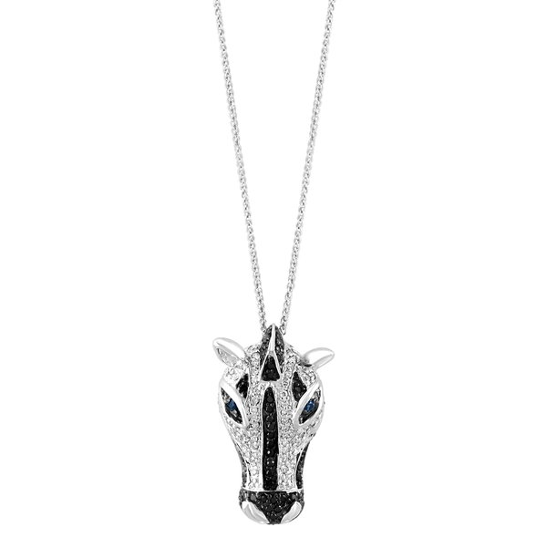 Closeup photo of 18K WHITE GOLD DIAMOND, TREATED BLACK DIAMOND AND SAPPHIRE HORSE PENDANT WITH CHAIN