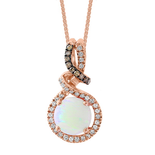 Closeup photo of 14K ROSE GOLD DIAMOND, BROWN DIAMOND AND AUSTRALIAN OPAL PENDANT WITH CHAIN