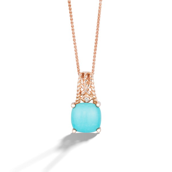 Closeup photo of 14K ROSE GOLD DIAMOND AND TURQUOISE PENDANT WITH CHAIN
