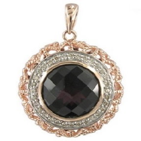 Closeup photo of 14K ROSE GOLD DIAMOND AND RHODOLITE PENDANT WITH CHAIN