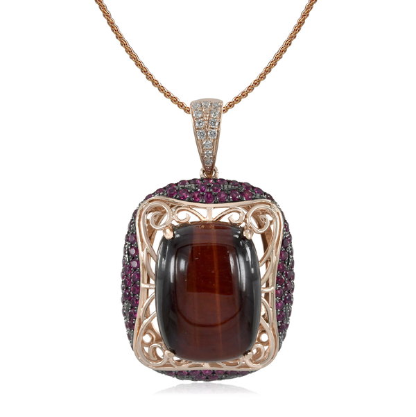 Closeup photo of 14K ROSE GOLD RUBY AND RED TIGER EYE PENDANT WITH CHAIN