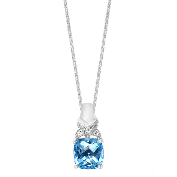 Closeup photo of 14K WHITE GOLD DIAMOND AND SWISS BLUE TOPAZ PENDANT WITH CHAIN