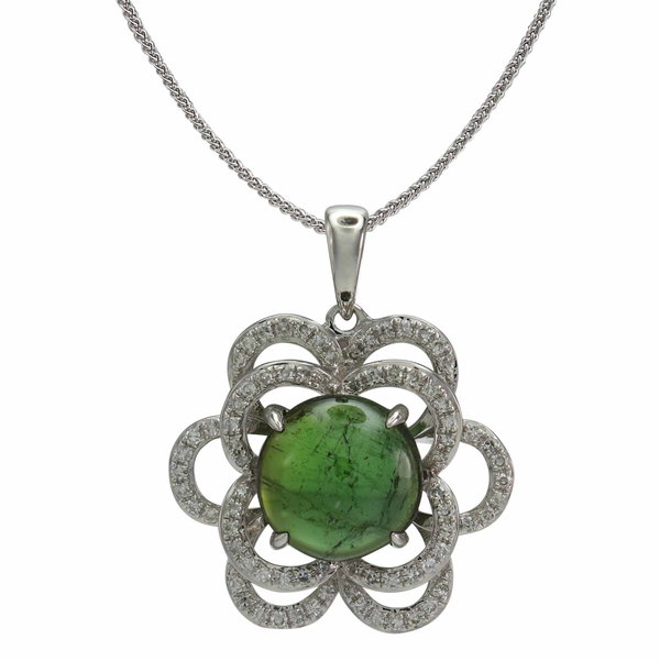Closeup photo of 14K WHITE GOLD DIAMOND AND GREEN TOURMALINE PENDANT WITH CHAIN