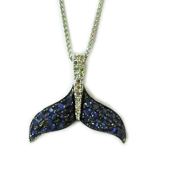 Closeup photo of 14K WHITE GOLD DIAMOND AND SAPPHIRE WHALE TAIL PENDANT WITH CHAIN