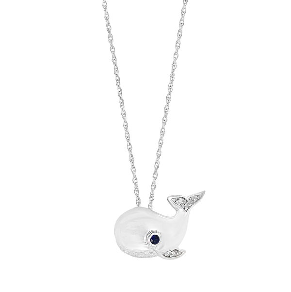 Closeup photo of 14K WHITE GOLD DIAMOND AND SAPPHIRE WHALE PENDANT WITH CHAIN
