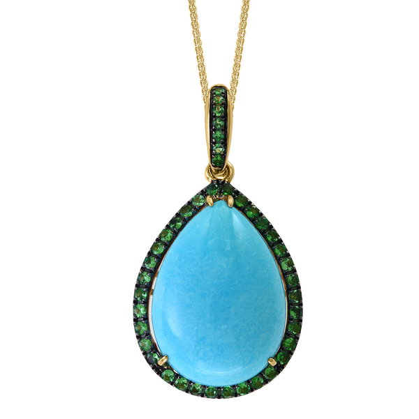 Closeup photo of 14K YELLOW GOLD TSAVORITE AND TURQUOISE PENDANT WITH CHAIN