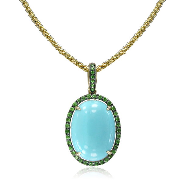 Closeup photo of 14K YELLOW GOLD TSAVORITE AND TURQUOISE PENDANT WITH CHAIN