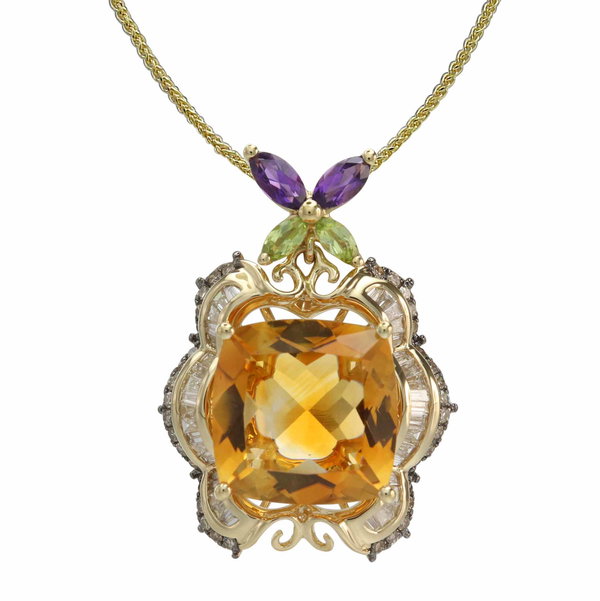 Closeup photo of 14K YELLOW GOLD DIAMOND, MULTICOLOR GEM STONE AND CITRINE PENDANT WITH CHAIN