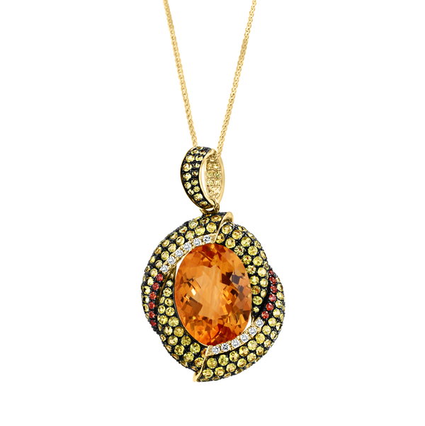 Closeup photo of 14K YELLOW GOLD DIAMOND, TREATED YELLOW SAPPHIRE, TREATED ORANGE SAPPHIRE AND MADEIRA CITRINE PENDANT WITH CHAIN