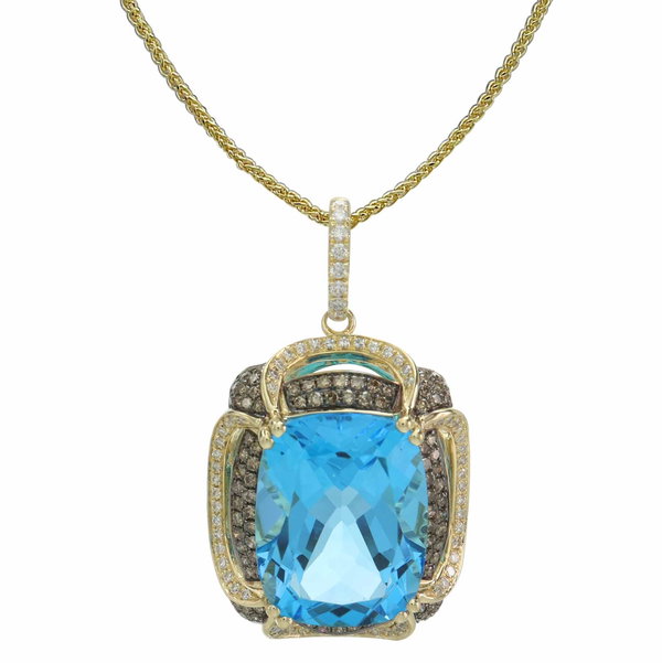Closeup photo of 14K YELLOW GOLD DIAMOND, BROWN DIAMOND AND SWISS BLUE TOPAZ PENDANT WITH CHAIN