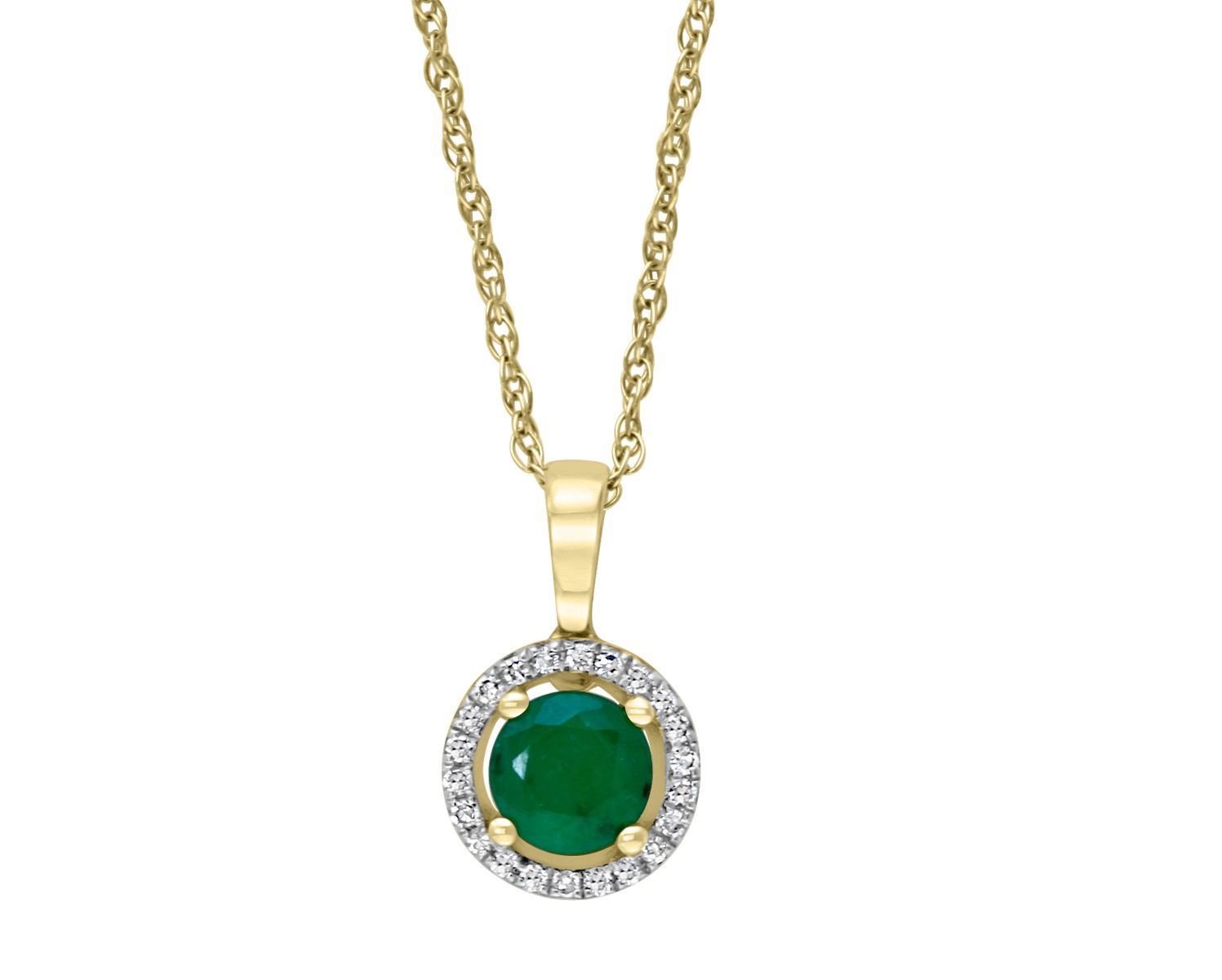 This 14K Yellow Gold Diamond and Emerald Pendant features a radiant 5mm round emerald, surrounded by dazzling diamonds. The deep green hue of the emerald is beautifully enhanced, creating an elegant and timeless piece.Key Features:- 5mm round emerald at the center- Surrounded by diamonds for added brilliance- Set in 14K yellow goldPlease Note:- Photos may be enlarged or enhanced for detail.- Gemstones may be treated to enhance beauty and require special care.- Carat weights are approximate, with a possible variance of 0.05 carats. 14K YELLOW GOLD DIAMOND AND EMERALD PENDANT WITH CHAIN