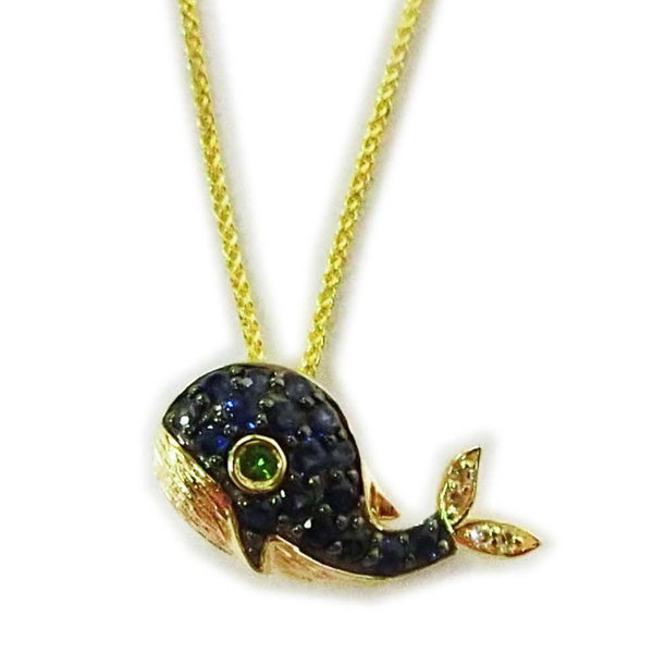 Closeup photo of 14K YELLOW GOLD DIAMOND, TSAVORITE, AND SAPPHIRE WHALE PENDANT WITH CHAIN