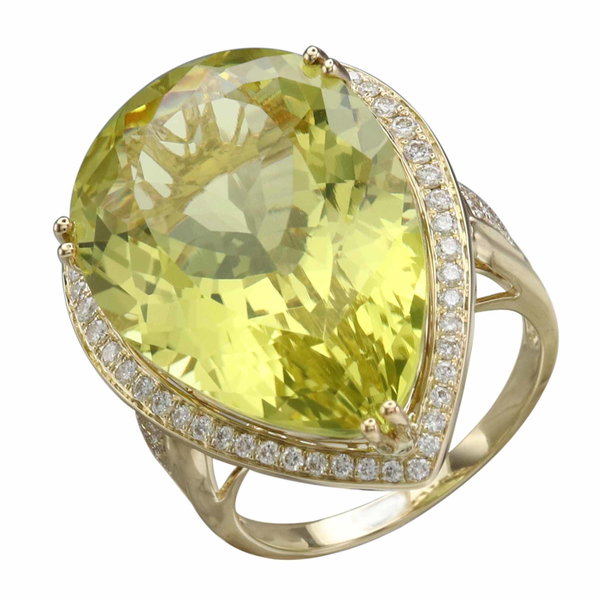 Closeup photo of 14K YELLOW GOLD DIAMOND AND LEMON QUARTZ RING