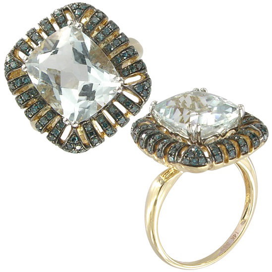 Closeup photo of 14K YELLOW AND WHITE GOLD TREATED BLUE DIAMOND AND AQUAMARINE RING