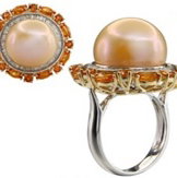 Closeup photo of 14K YELLOW AND WHITE GOLD DIAMOND, TREATED ORANGE SAPPHIRE AND ORANGE SOUTH SEA PEARL RING