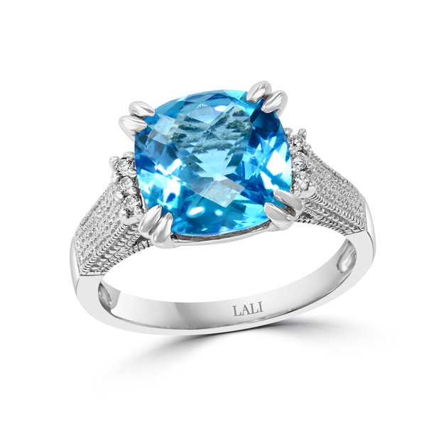 Closeup photo of 10K WHITE GOLD DIAMOND AND SWISS BLUE TOPAZ RING