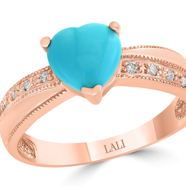 Closeup photo of 14K ROSE GOLD DIAMOND AND TURQUOISE RING