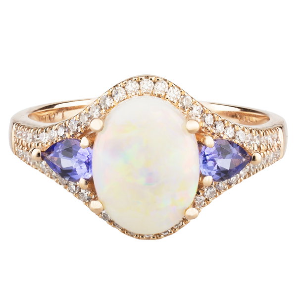 Closeup photo of 14K ROSE GOLD DIAMOND, TANZANITE AND AUSTRALIAN OPAL RING