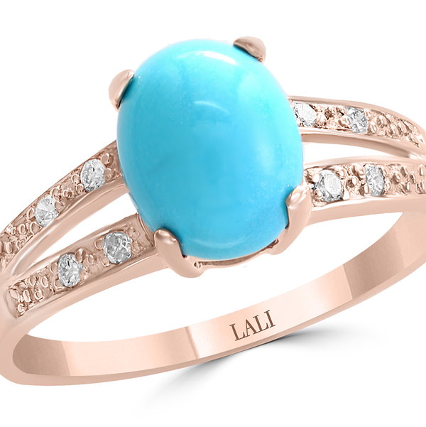 Closeup photo of 14K ROSE GOLD DIAMOND AND TURQUOISE RING