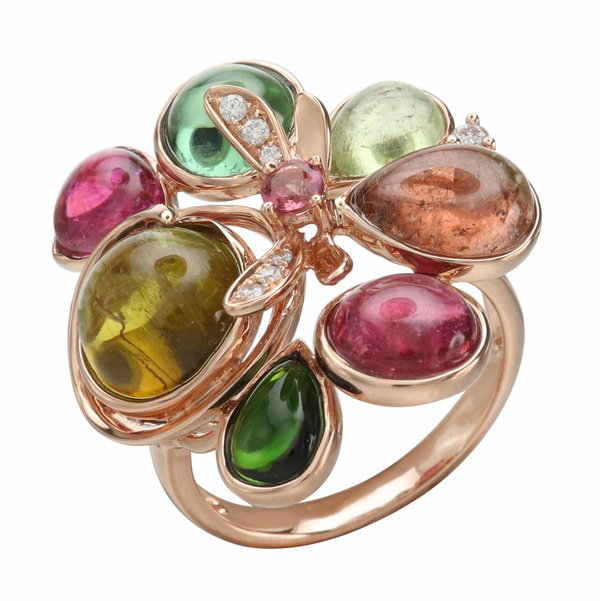 Closeup photo of 14K ROSE GOLD DIAMOND AND MULTI COLOR TOURMALINE RING