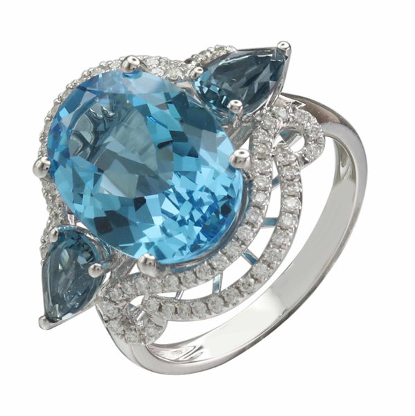 Closeup photo of 14K WHITE GOLD DIAMOND, LONDON BLUE TOPAZ AND SWISS BLUE TOPAZ RING