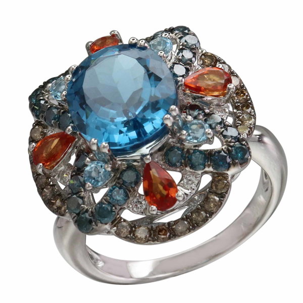 Closeup photo of 14K WHITE GOLD MULTICOLOR DIAMOND, MULTICOLOR GEM STONE AND LONDON BLUE TOPAZ RING