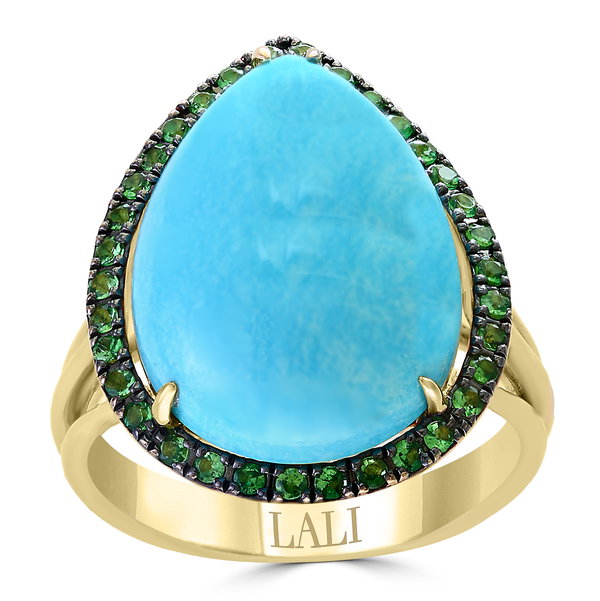 Closeup photo of 14K YELLOW GOLD TSAVORITE AND TURQUOISE RING