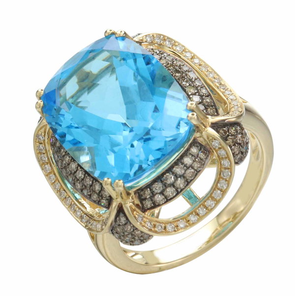 Closeup photo of 14K YELLOW GOLD DIAMOND, BROWN DIAMOND AND SWISS BLUE TOPAZ RING