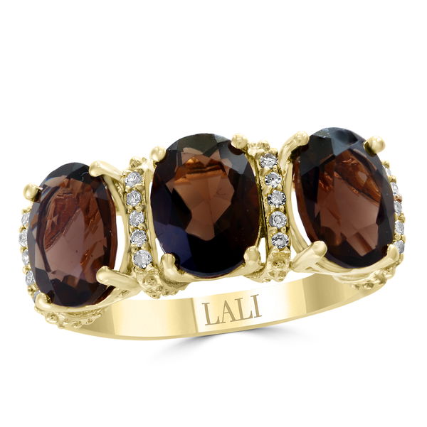 Closeup photo of 14K YELLOW GOLD DIAMOND AND SMOKY QUARTZ RING