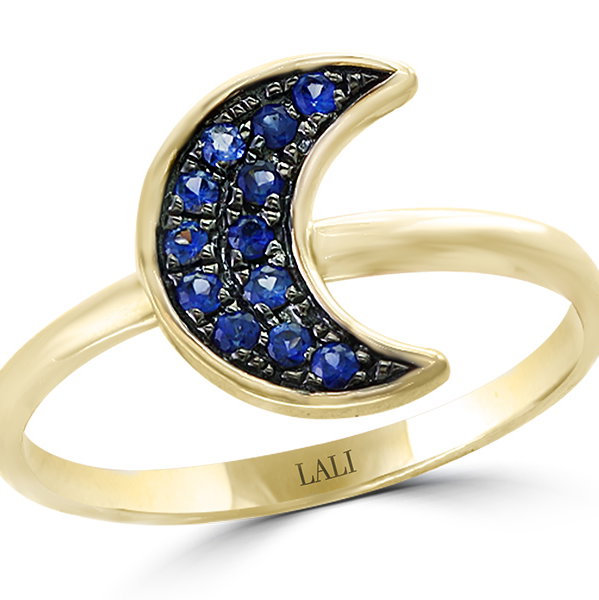 Closeup photo of 14K YELLOW GOLD SAPPHIRE MOON RING
