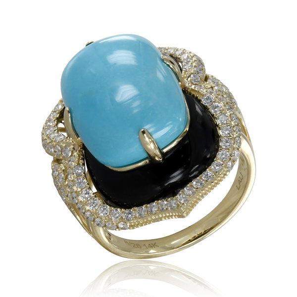 Closeup photo of 14K YELLOW GOLD DIAMOND, ONYX AND TURQUOISE RING