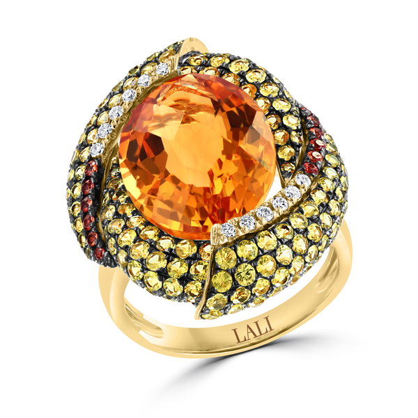 Closeup photo of 14K YELLOW GOLD DIAMOND, TREATED YELLOW SAPPHIRE, TREATED ORANGE SAPPHIRE AND CITRINE RING