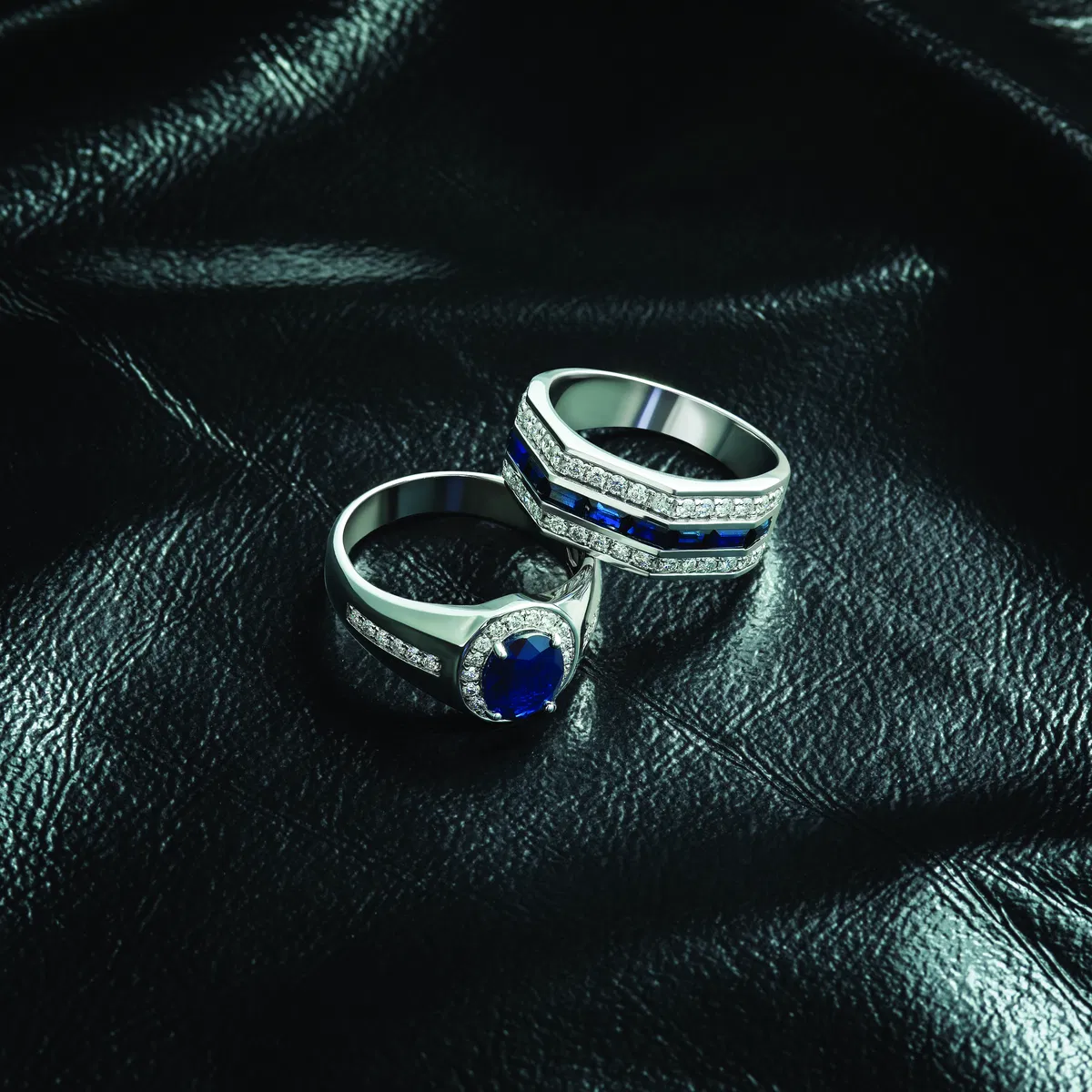 Sapphire and diamond men's rings in white gold