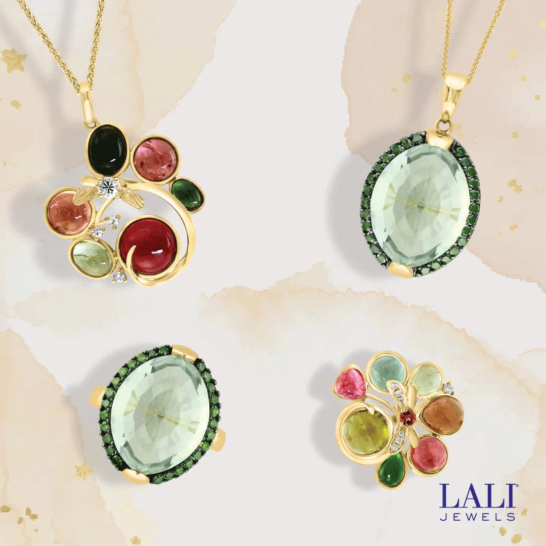 Fine gold jewelry grid featuring pendants and rings set with green and multi-colored gemstones in dragonfly and flower inspired designs, arranged on a soft watercolor background