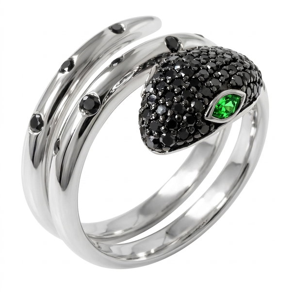 Closeup photo of 14K WHITE GOLD TREATED BLACK DIAMOND AND TSAVORITE SNAKE RING