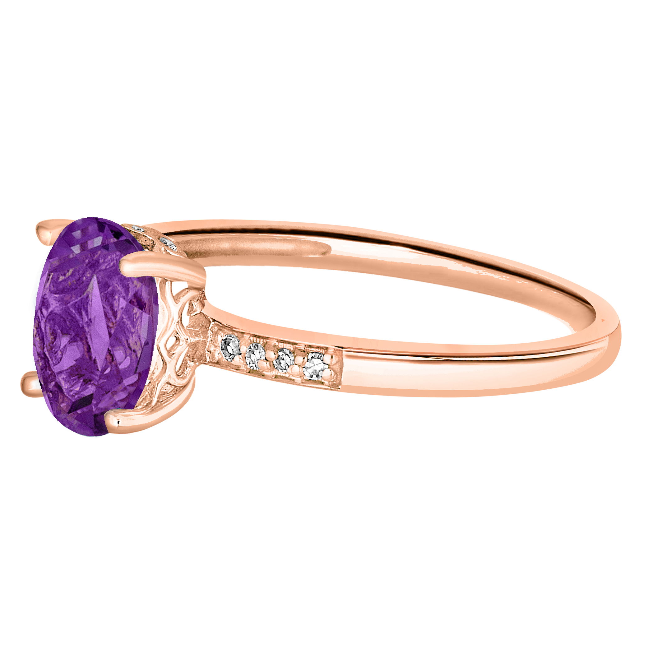 This gorgeous 8x6mm oval amethyst is set in 14K rose gold and accented with diamonds. The deep purple hue of the amethyst is complemented by the warmth of the rose gold, creating a sophisticated and romantic design that is perfect for any occasion. Key Features: - 8x6mm oval amethyst gemstone - Accented with sparkling diamonds for added brilliance - Set in 14K rose gold for a warm and romantic look - Part of the Semi Precious Birthstone Collection Please Note: - Gemstones may be treated to enhance beauty and require special care. - Photos may be enlarged or enhanced for detail.- Carat weights are approximate, with a possible variance of 0.05 carats. 14K ROSE GOLD DIAMOND AND AMETHYST RING