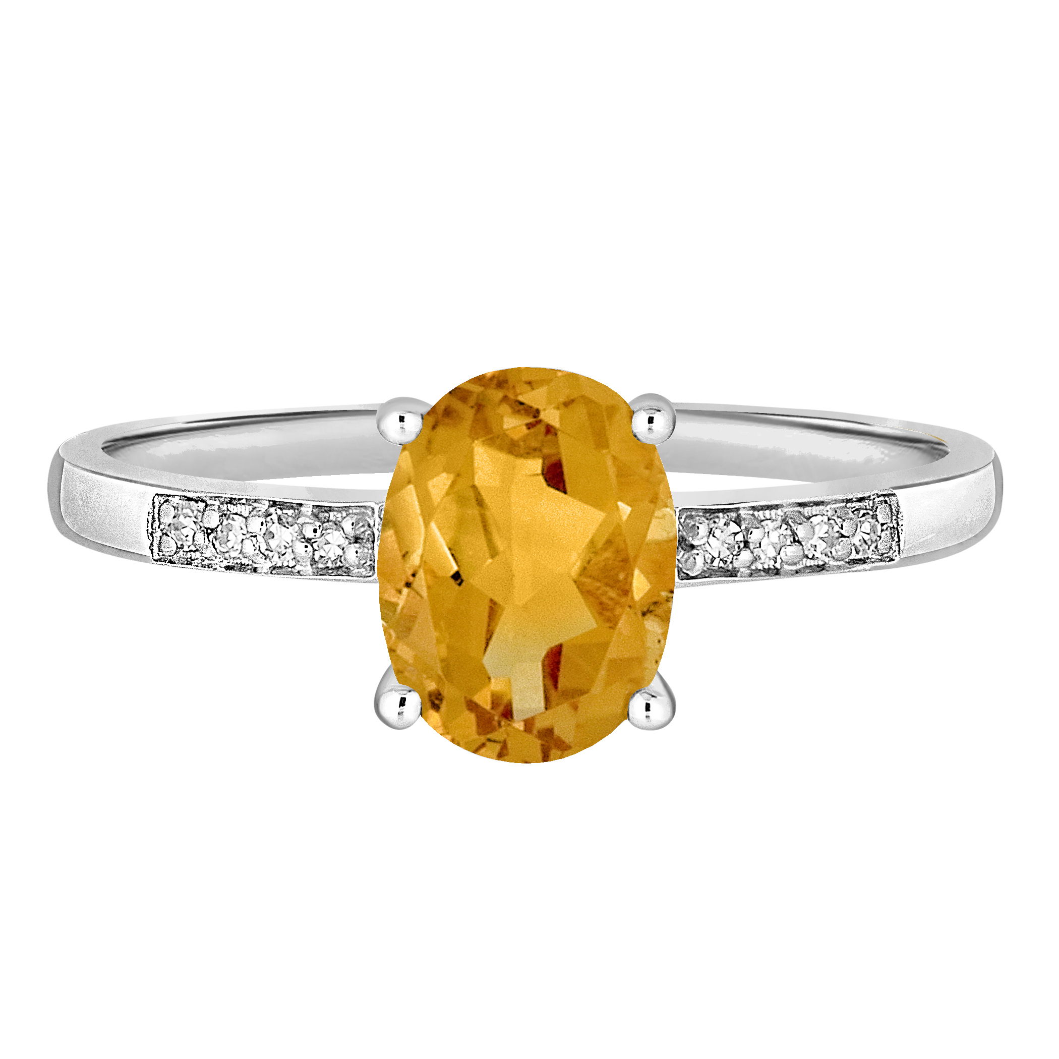 Radiant citrine is set alongside glittering diamonds in this refined white gold ring.• 8x6mm Oval Citrine Gemstone• 14K White Gold Setting• Diamond Accents• Semi Precious Birthstone Collection 14K WHITE GOLD DIAMOND AND CITRINE RING