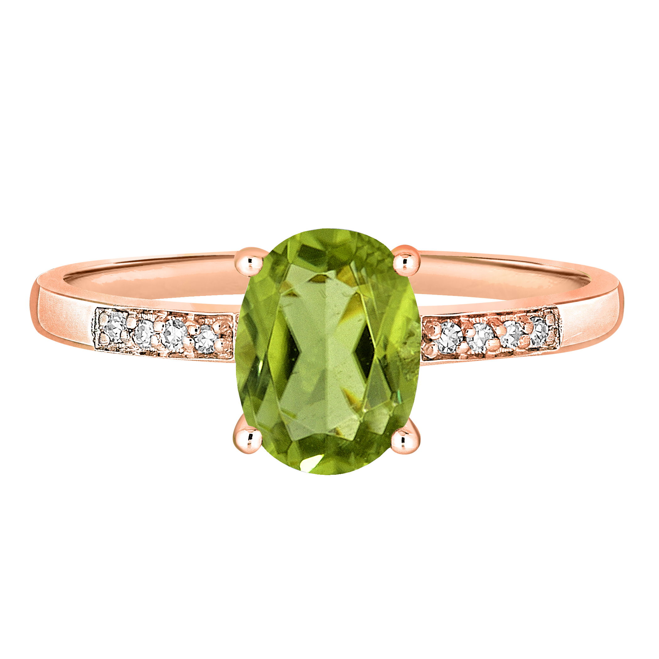 This stunning 8x6mm oval peridot is surrounded by diamonds and set in 14K rose gold. The vibrant green of the peridot, enhanced by diamonds, creates a striking and elegant design with a touch of warmth from the rose gold.Key Features:- 8x6mm oval peridot gemstone- Surrounded by sparkling diamonds for added brilliance- Set in 14K rose gold for a warm and elegant look- Part of the Semi Precious Birthstone CollectionPlease Note:- Gemstones may be treated to enhance beauty and require special care.- Photos may be enlarged or enhanced for detail.- Carat weights are approximate, with a possible variance of 0.05 carats. 14K ROSE GOLD DIAMOND AND PERIDOT RING