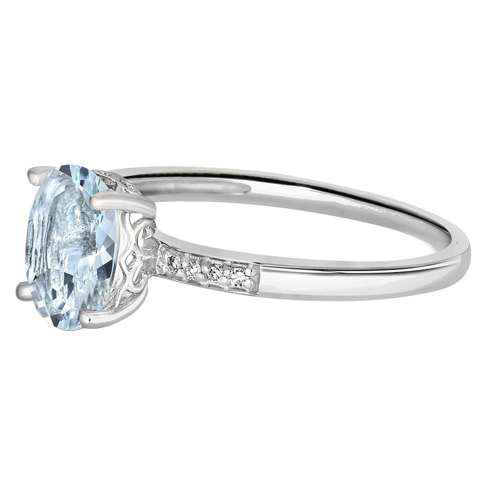 This elegant 14K White Gold Diamond and Aquamarine Ring features a soft blue 8x6mm oval aquamarine, encircled by diamonds. The serene hue of the aquamarine, paired with the sparkle of diamonds, creates a timeless, sophisticated design.Key Features:- 8x6mm oval aquamarine center- Surrounded by diamonds for added brilliance- Set in luxurious 14K white goldPlease Note:- Photos may be enlarged or enhanced for detail.- Gemstones may be treated to enhance beauty and require special care.- Carat weights are approximate, with a possible variance of 0.05 carats. 14K WHITE GOLD DIAMOND AND AQUAMARINE RING