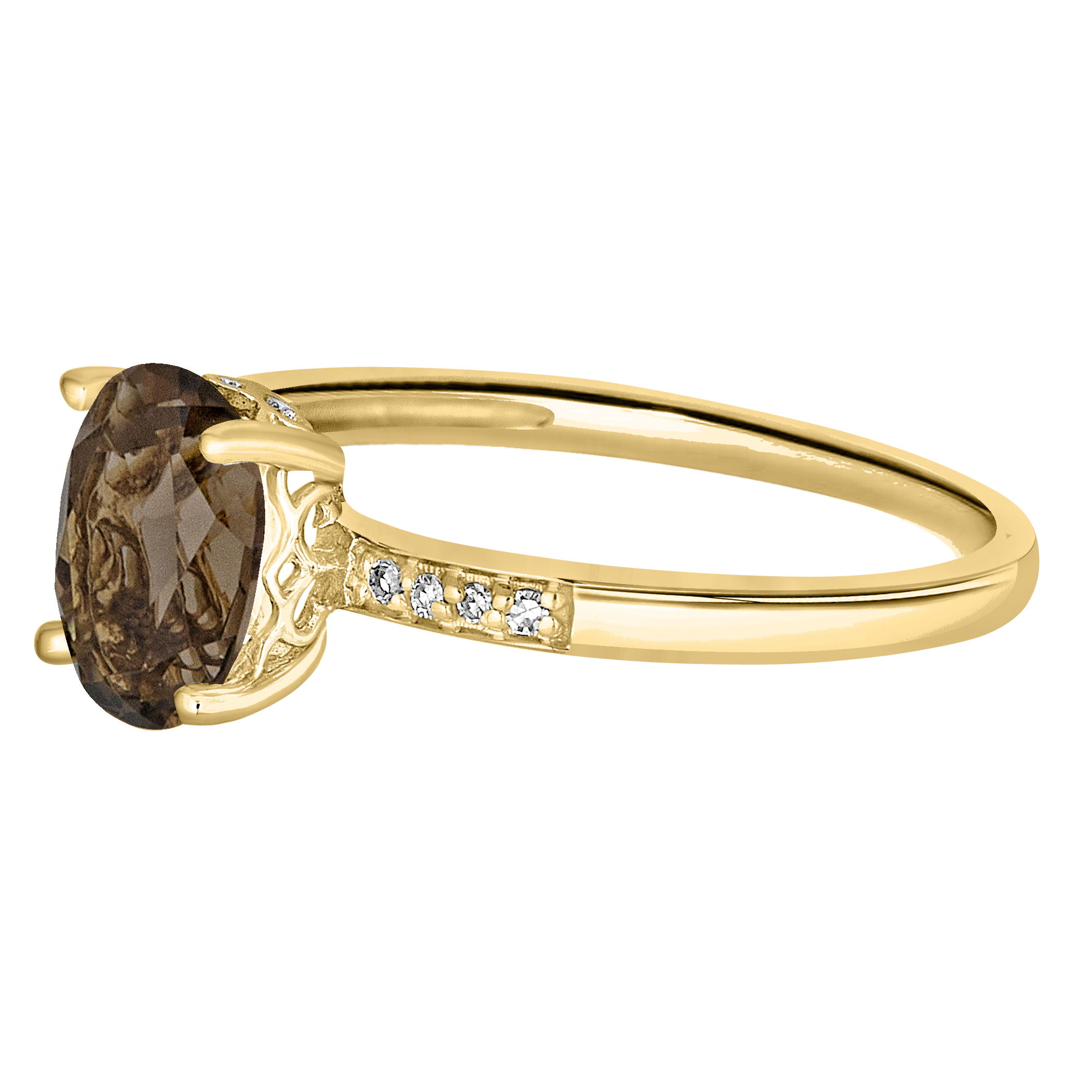 This stunning 14K Yellow Gold Diamond and Smoky Quartz Ring features an 8x6mm oval smoky quartz, surrounded by sparkling diamonds. The rich, dark tones of the smoky quartz are beautifully complemented by the brilliance of the diamonds, creating an elegant piece perfect for any occasion.Key Features:- 8x6mm oval smoky quartz- Surrounded by diamonds- Set in 14K yellow goldPlease Note:- Gemstones may be treated to enhance beauty and require special care.- Photos may be enlarged or enhanced for detail.- Carat weights are approximate, with a possible variance of 0.05 carats. 14K YELLOW GOLD DIAMOND AND SMOKY QUARTZ RING