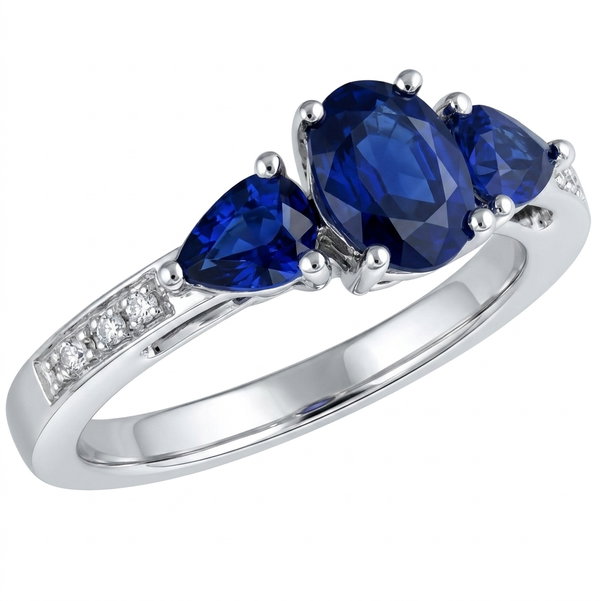 Closeup photo of 14K WHITE GOLD DIAMOND AND SAPPHIRE 3-STONE RING
